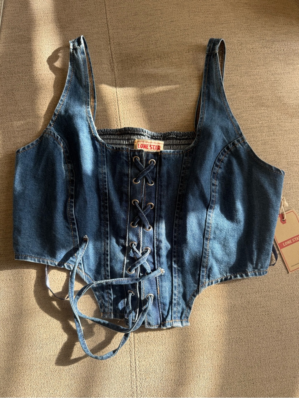 Lonestar Women's Dark Blue Denim Lace-Up Crop Top - NWT - Size Large